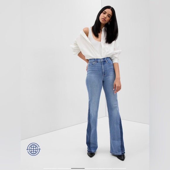 Gap | High Rise Patched '70s Flare Jeans Medium Indigo Size 29 Tall - Picture 3 of 11